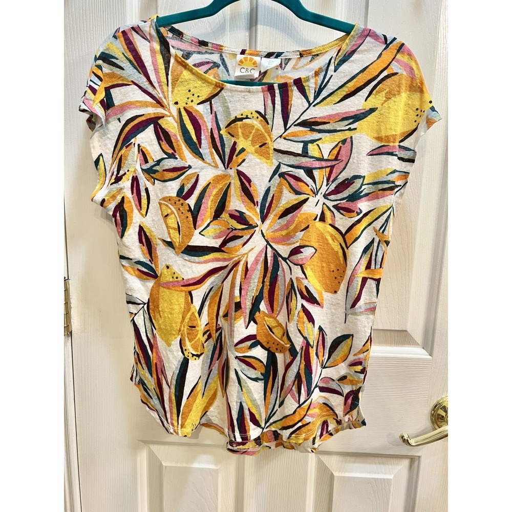 C & C California Womens Linen Top Large Tropical Floral Coastal Beach Resort